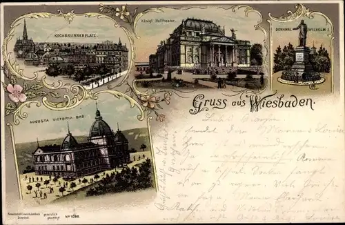 Litho Wiesbaden in Hessen, Augusta Victoria Bad, Hoftheater, Denkmal, Kochbrunnenplatz