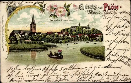 Litho Plön in Schleswig Holstein, Der kleine Plöner See, Ruderboot, Kirche