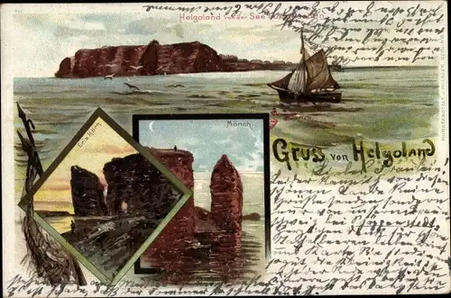 Litho Helgoland, von der See aus gesehen, Mönch, Eris Hörn, Segelboot, Felsen