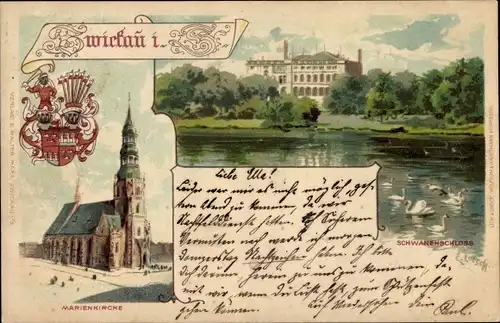 Litho Zwickau in Sachsen, Marienkirche, Schwanenschloss, Wappen
