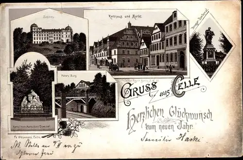 Litho Celle in Niedersachsen, Schloss, Rathaus, Markt, Kriegerdenkmal, Peters Burg, Neujahr