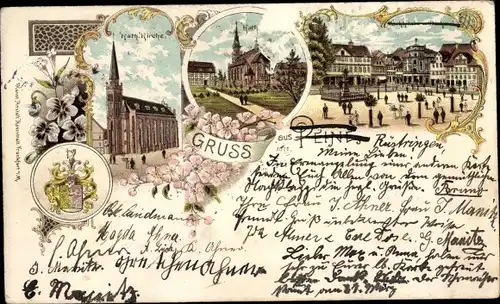 Litho Peine in Niedersachsen, Katholische Kirche, Marktplatz, Wappen