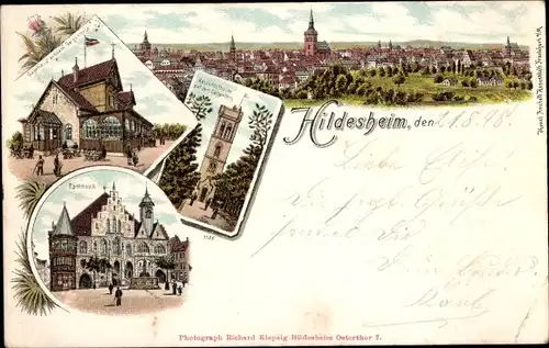 Litho Hildesheim in Niedersachsen, Gasthaus auf dem Galgenberg, Aussichtsturm, Rathaus, Panorama