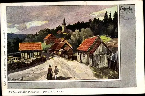 Künstler Ak Bahndorf, Heribert, Schierke Wernigerode am Harz, Teilansicht, Kirche