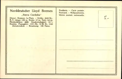 Ak Norddeutscher Lloyd Bremen, Passagier und Frachtdampfer Sierra Cordoba