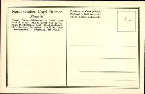 Ak Passagier und Frachtdampfer Chemnitz, Norddeutscher Lloyd Bremen, Dampfschiff