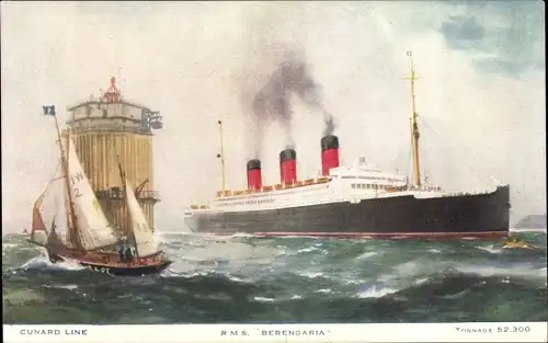 Künstler Ak Dampfschiff RMS Berengaria, Cunard Line, Segelboot