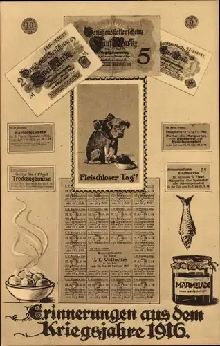 Künstler Ak Erinnerungen aus dem Kriegsjahre 1916, Fleischloser Tag, Essensmarken