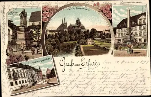 Litho Erfurt in Thüringen, Monumentalbrunnen, Dom, Severikirche, Luther Denkmal, Regierungsgebäude