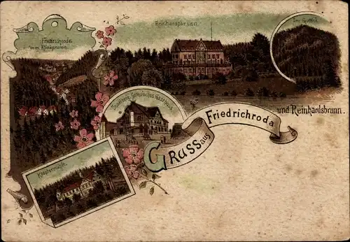 Litho Friedrichroda im Thüringer Wald, Reinhardsbrunn, Klostermühle, Inselberg Gothaisches Gasthaus