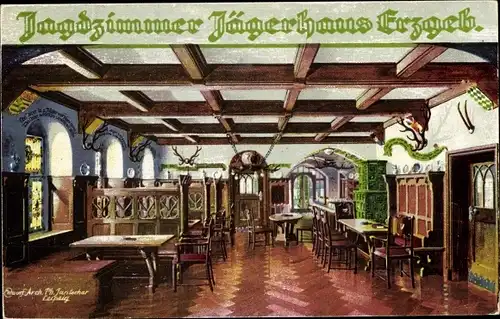 Künstler Ak Jantocher, Arch. Ph., Jägerhaus Bermsgrün Schwarzenberg im Erzgebirge, Jagdzimmer