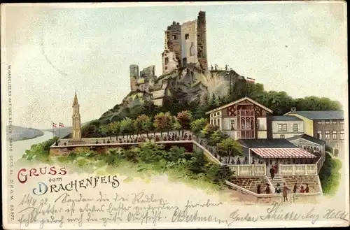 Litho Königswinter am Rhein, Drachenfels, Drachenburg