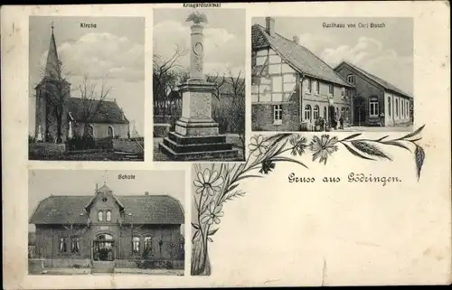 Ak Gödringen Sarstedt Niedersachsen, Kirche, Kriegerdenkmal, Gasthaus Busch, Schule