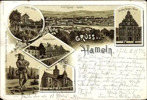 Litho Hameln an der Weser Niedersachsen, Felsen Keller, Hochzeitshaus, Münster, Rattenfängerhaus