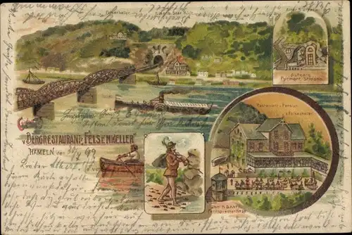 Litho Hameln an der Weser Niedersachsen, Bergrestaurant Felsenkeller, Rattenfänger