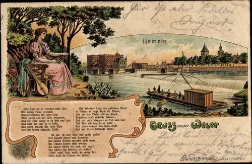 Litho Hameln in Niedersachsen, Weserlied von Dingelstedt, Flusspartie mit Blick auf die Stadt