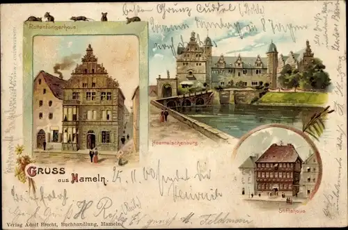 Litho Hameln in Niedersachsen, Rattenfängerhaus, Haemelschenburg, Stiftshaus