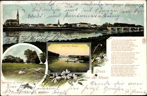 Ak Rinteln an der Weser, Gesamtansicht der Stadt, Partie auf der Weser