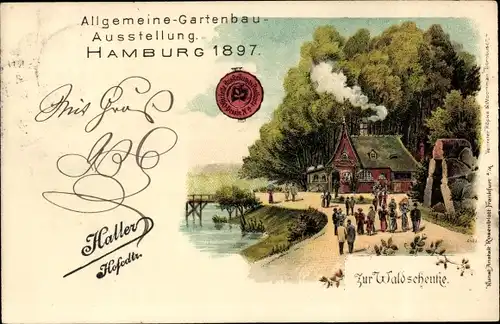 Litho Allgemeine Gartenbau-Ausstellung Hamburg 1897, Zur Waldschenke