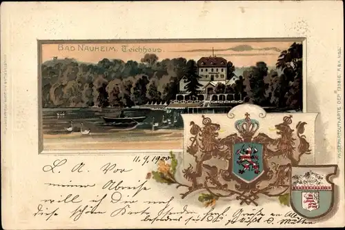 Präge Wappen Litho Bad Nauheim im Wetteraukreis Hessen, Blick auf das Teichhaus