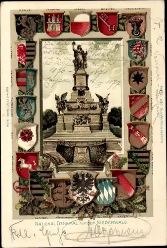 Präge Wappen Litho Rüdesheim am Rhein in Hessen, Ansicht vom Niederwalddenkmal