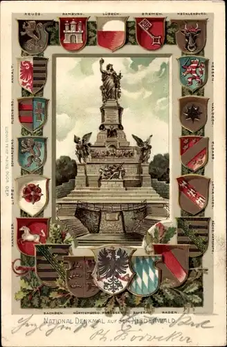 Präge Wappen Litho Rüdesheim am Rhein in Hessen, Ansicht vom Niederwalddenkmal