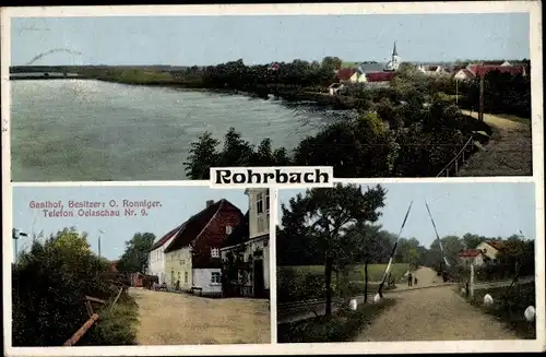 Ak Rohrbach Belgershain Sachsen, Totalansicht, Gasthof O. Ronniger, Bahnübergang