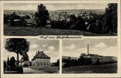 Ak Dorfchemnitz Zwönitz Erzgebirge, Panorama, Strumpffabrik C.W. Schletter, Gemeindeamt