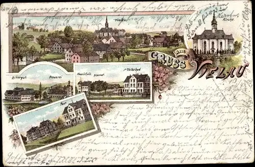 Litho Vielau Reinsdorf Sachsen, Kirche, Rittergut, Brauerei, Volksbad, Post