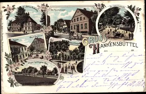 Litho Hankensbüttel in Niedersachsen, Kloster Isenhagen, Rosenstraße, Gasthaus, Geschäftshäuser