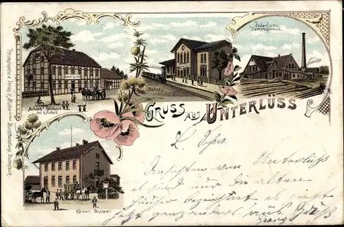 Litho Unterlüß Südheide Niedersachsen, Hubachs Gasthaus, Dampfsägewerk, Bahnhof, Postamt