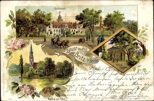 Litho Berlin Neukölln Britz, Kirche mit Teich, Schloss, Villa Späth