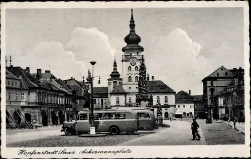 Ak Žatec Saaz Region Aussig, Ackermannplatz, Busse, Rathaus