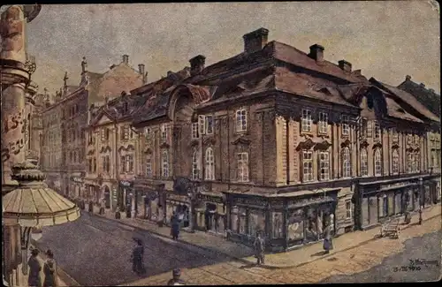 Künstler Ak Hochman, B., Plzeň Pilsen Stadt, Haus Zur goldenen Sonne in der Reichsgasse