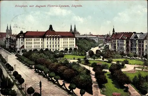 Ak Legnica Liegnitz Schlesien, Bilseplatz mit Auguste Victoria Lyzeum
