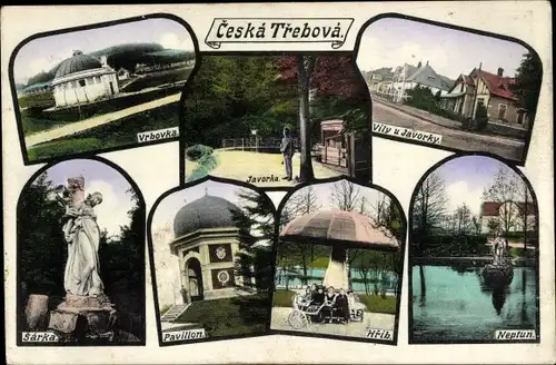 Ak Česká Třebová Böhmisch Trübau Region Pardubitz, Parkanlagen, Vrbovka, Pavillon, Neptun