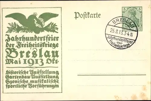Ganzsachen Ak Wrocław Breslau Schlesien, Jahrhundertfeier 1913, Freiheitskriege