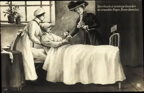 Ak Kaiserin Auguste Viktoria als barmherzige Samariterin am Bett eines verwundeten Soldaten