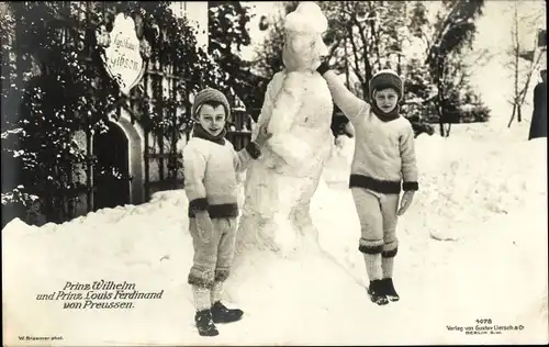 Ak Prinz Wilhelm und Prinz Louis Ferdinand von Preußen, Schneemann, Landhaus Gibson, Winter