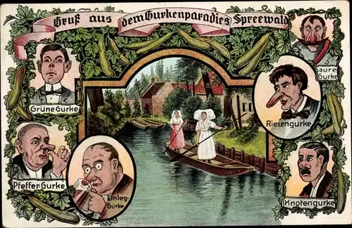 Ak Gurkenparadies Spreewald, Frauen in Trachten, Männer mit Gurkennasen