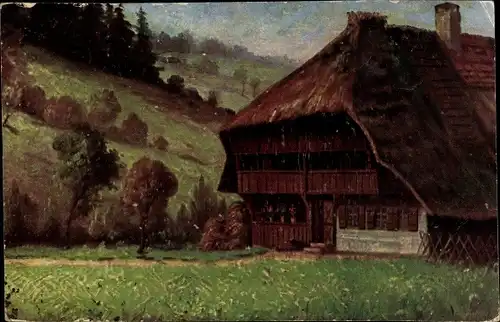 Künstler Ak Bauernhaus am Berge, Wiese, Bäume