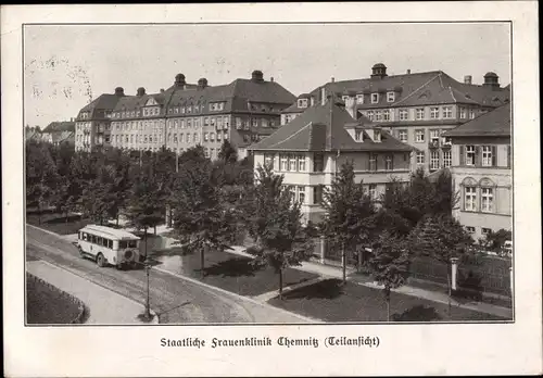 Ak Chemnitz Sachsen, Staatliche Frauenklinik, Teilansicht von der Straße, Bus