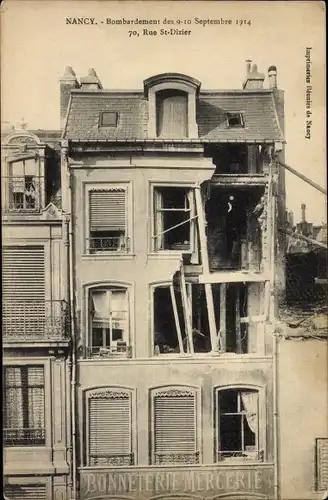 Ak Nancy Meurthe et Moselle, Bombardierung vom 9.-10.9.1914, 70 Rue St-Dizier, Bonneterie Mercerie