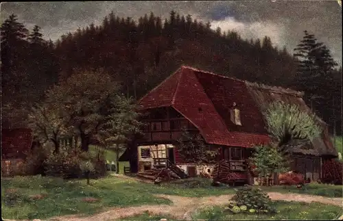 Ak Dorfidyll, Wohnhaus am Wald, Bäume, Holz