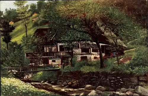 Künstler Ak Dorfidyll, Wohnhaus, Brücke, Dorfstraße, Bäume