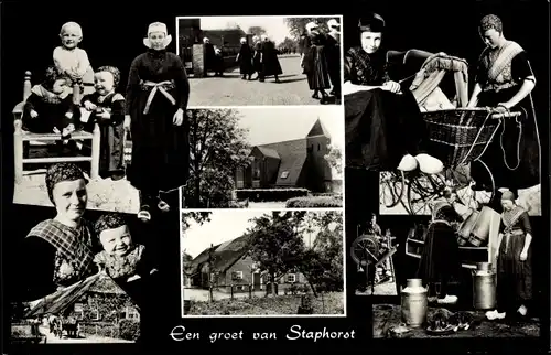 Ak Staphorst Overijssel Niederlande, Milchmädchen in Tracht, Kirche, Gasthof