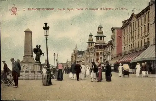 Ak Blankenberghe Blankenberge Westflandern, Auf dem Deich, Statue von Bruyne und Lippens, Das Casino