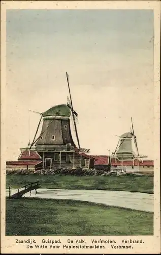 Ak Zaandijk Nordholland, Guispad, De Valk, Verfmolen, Burnt, De Witte Veer Papierstaubmühle