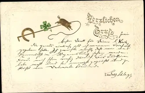 Präge Ak Schwein, Glücksklee, Hufeisen, Kitsch