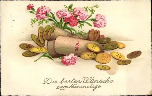 Ak Glückwunsch Namenstag, Goldene Münzen, Geld, Blumen